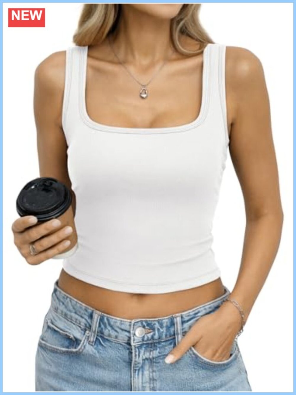 Ribbed Crop Tank Top with Built-In Bra Removable Pads Square Neck Fitted